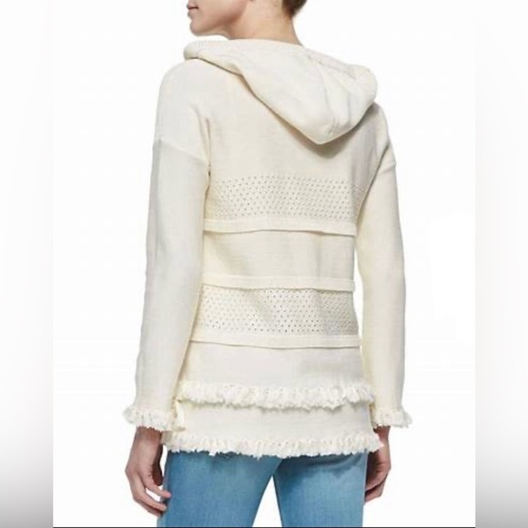 Tory Burch Women’s Baja Mixed Knit Hoodie Cream Tassel V Neck Pullover Sweater S - Picture 2 of 14
